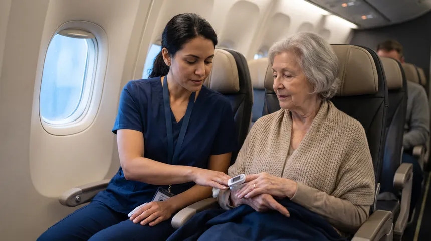 Un acompañante médico revisando el oxímetro de pulso de un paciente durante un vuelo comercial