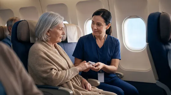 Escolta médica revisando el oxímetro de pulso de un paciente durante el vuelo