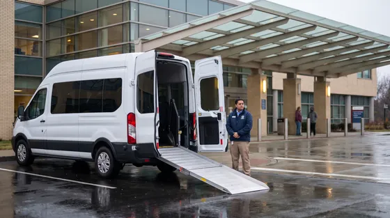 Furgoneta de transporte médico no urgente en la entrada de un hospital