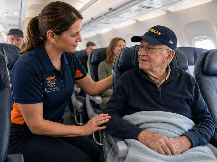 A Skyline Medix escort assisting a veteran traveler aboard a commercial flight