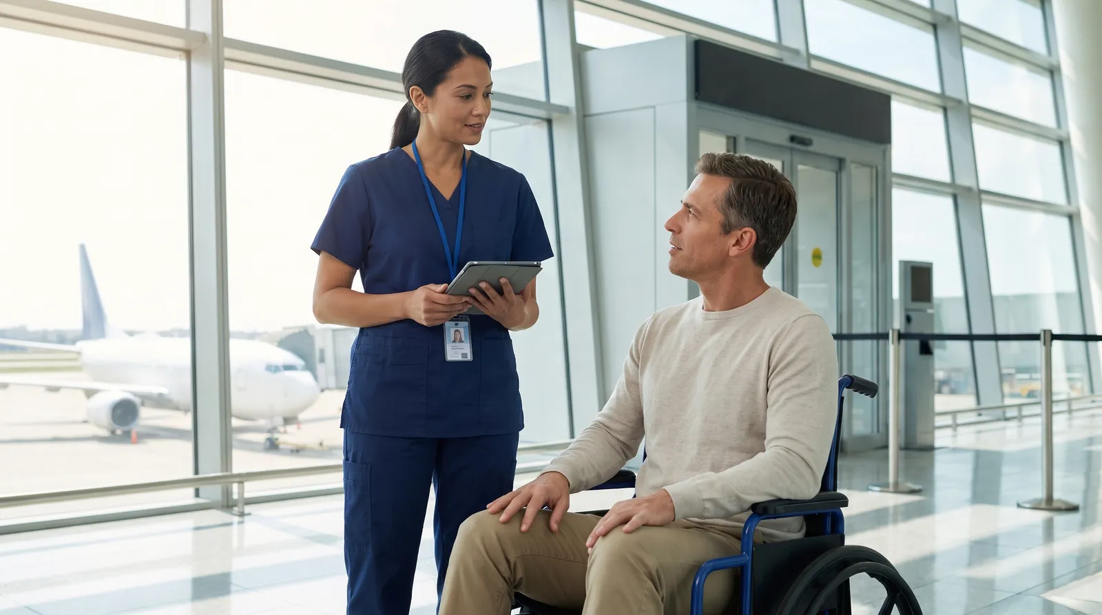 Una coordinadora de Skyline Medix conversando con una paciente en silla de ruedas en el aeropuerto