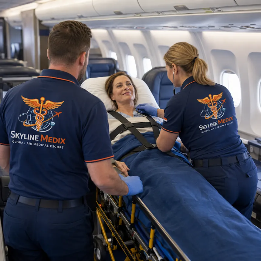 Two Skyline Medix staff monitoring a patient on a stretcher aboard an aircraft